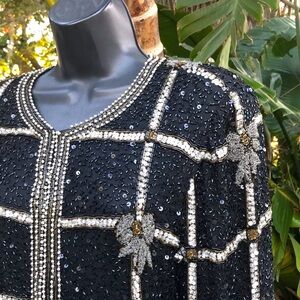 Lawrence Kazar silk sequin and beaded crop jacket with plaid bow motif